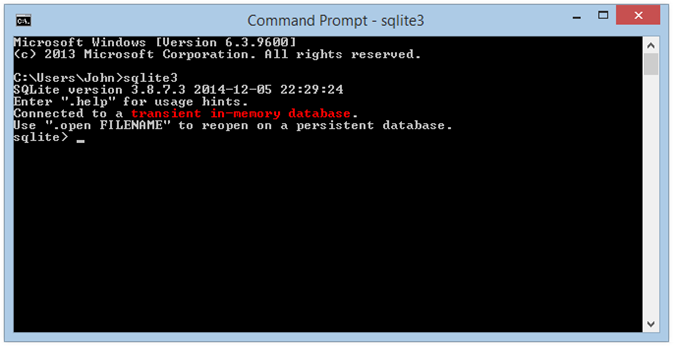 Command Prompt - open - sqlite3