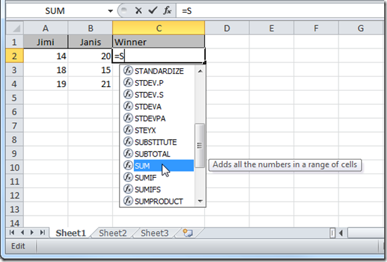 Function Helper Drop Down (SUM)